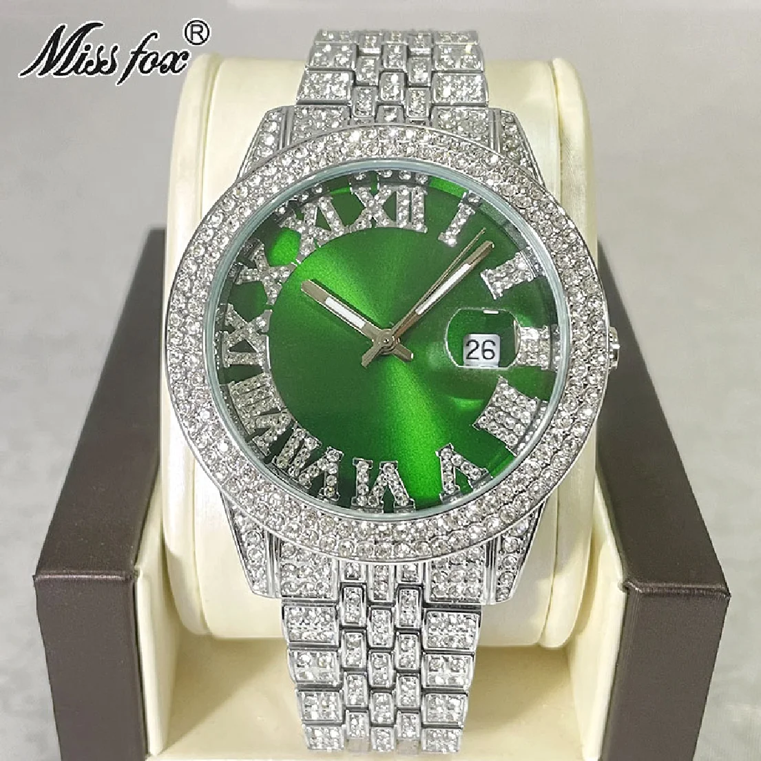 

New Iced Watch For Men Luxury Moissanite Fashion Quartz Wristwatches Automatic Date Green Waterproof Clock Free Shipping Reloj