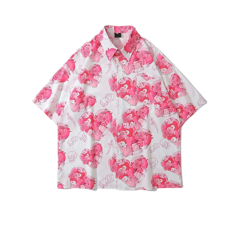 Peach Heart Short Sleeved Pink Flower Shirt American Retro National Fashion Hawaiian Men's and Women's Port Fashion Top Men's