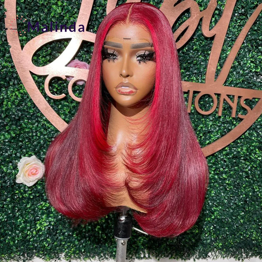 

Bone Straight Highlight Red Colored Wig For Women Brazilian 13x4 HD Transparent Lace Front Glueless Wig Human Hair Ready To Wear