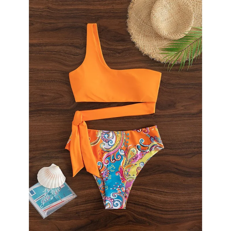 

2023 New Push Up Single Shoulder Stripe Women Bikini Set High Cut Printed Bottom Padded Swimwear Summer Beachwear Bathing Suit