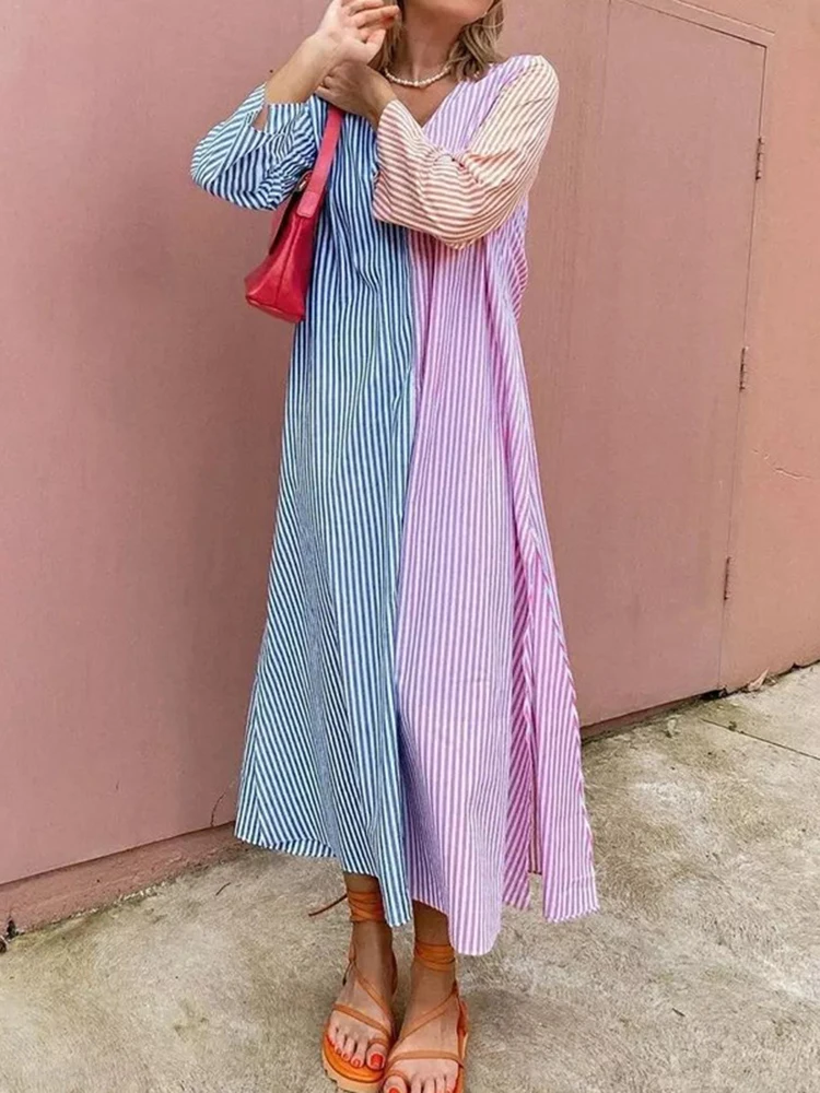 

Striped Fashion Dress for Women 2022 Autumn V Neck Print Causal Robe Irregular Long Sleeve Split Dresses Streetwear Vestidos