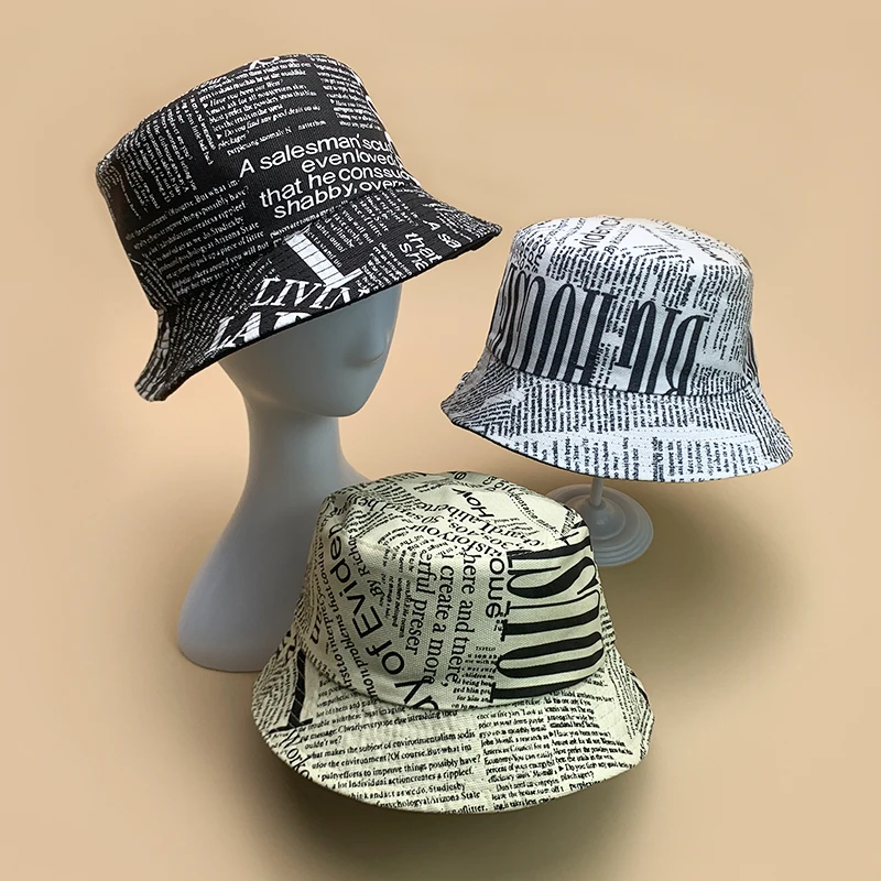 

New Retro Streetwear Newspaper Letter Men Women Bucket Hats Cotton Soft Fashion Female Hip Hop Classic Sunshade Fisherman Caps