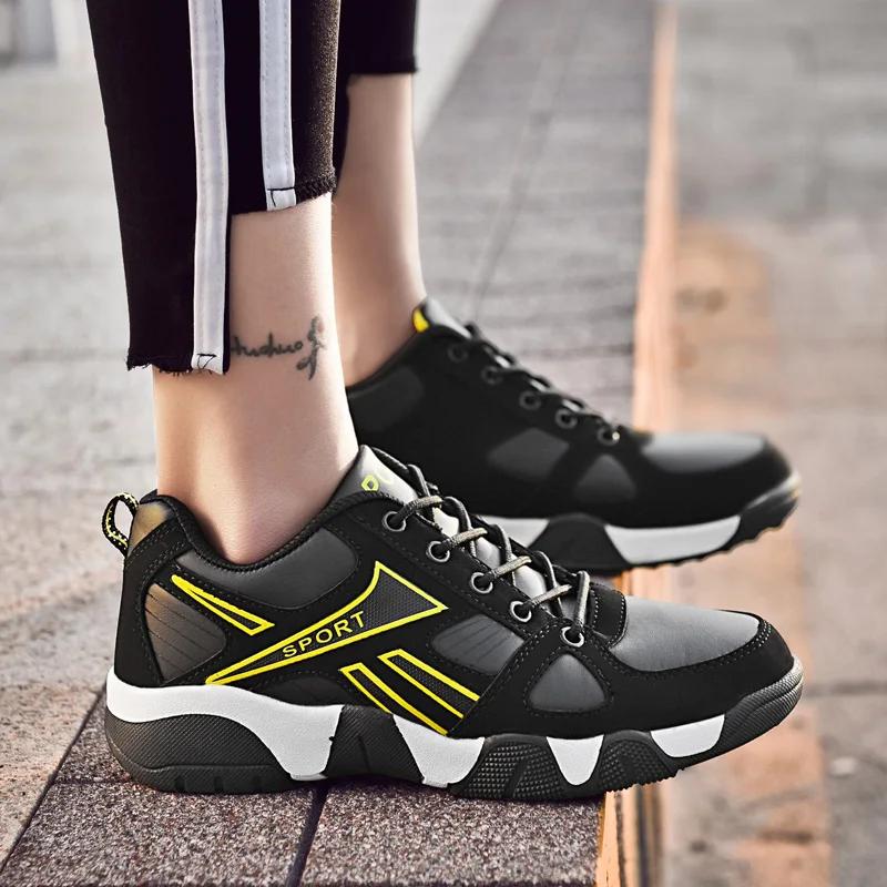 Women Walking Shoes Comfortable Black Artificial Leather Men Sneakers Outdoor Leisure Cushioning Couple Footwear Size 36-45