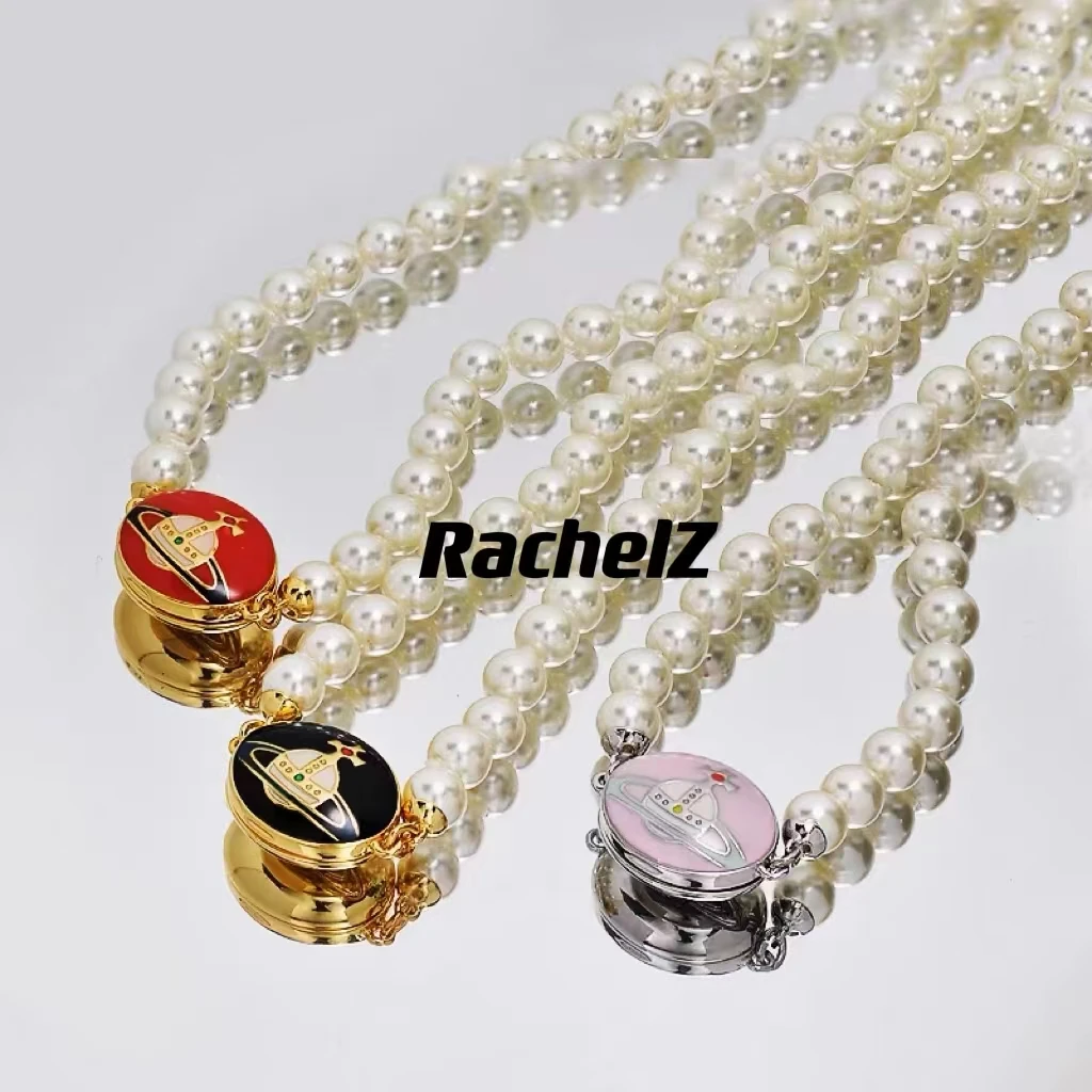 

RACHELZ Fashion Drop Oil Saturn Pearl Necklace For Women Niche Design Round Planet Pendant Choker Necklace Vintage Jewelry Gift
