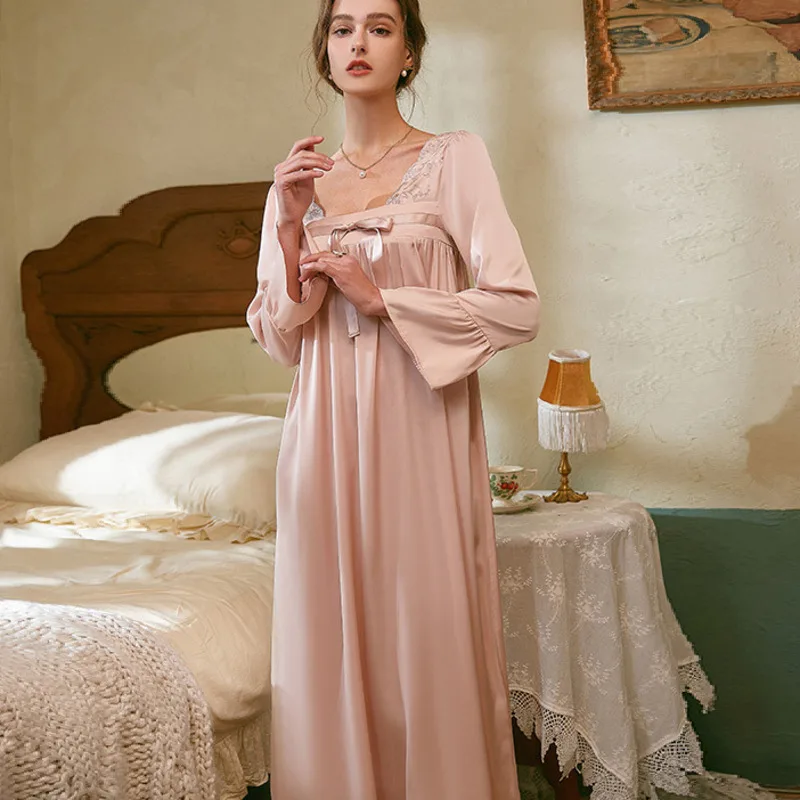 Spring Nightgowns Women Satin Nightwear Sleepdress Elegant Retro Vintage Kimono Sleepwear Lingerie Long Home Dress Dressing Gown
