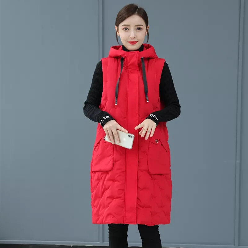 

2022NEW Embroidery Long Winter Vest Women Big Pockets Hooded Zipper Ladies Sleeveless Jacket Solid Waistcoat for Female