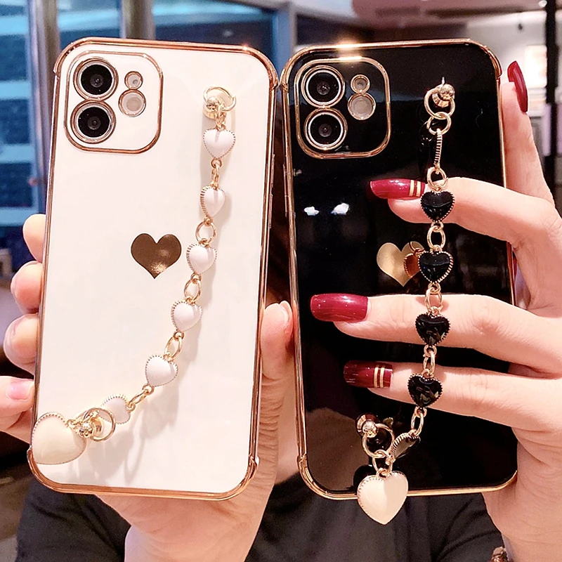 

Fashion Electroplated Love Heart Phone Case For iPhone11 12 13 14 Pro Max XS X XR 7 8 14 Plus Mini SE Bracelet Bumper Back Cover