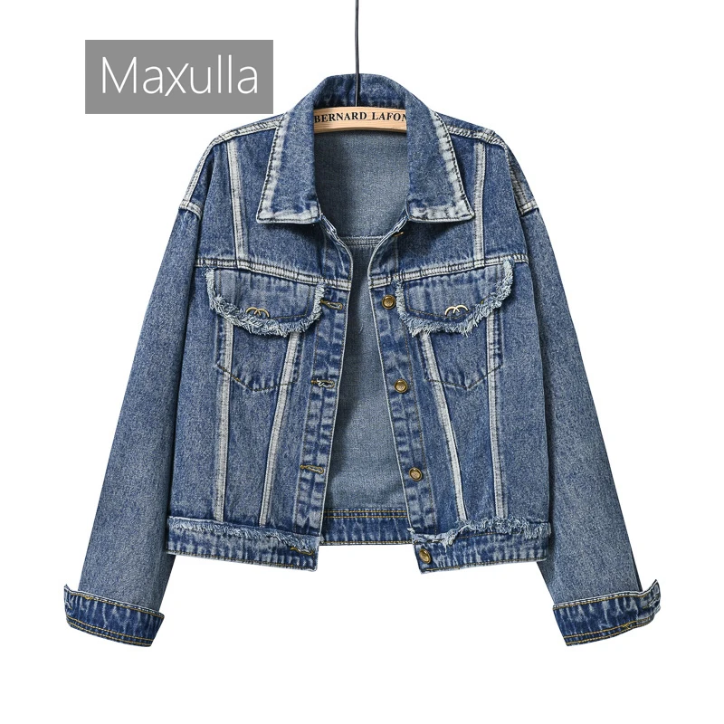 Maxulla Демисезонная женская однотонная джинсовая куртка с отложным воротником
