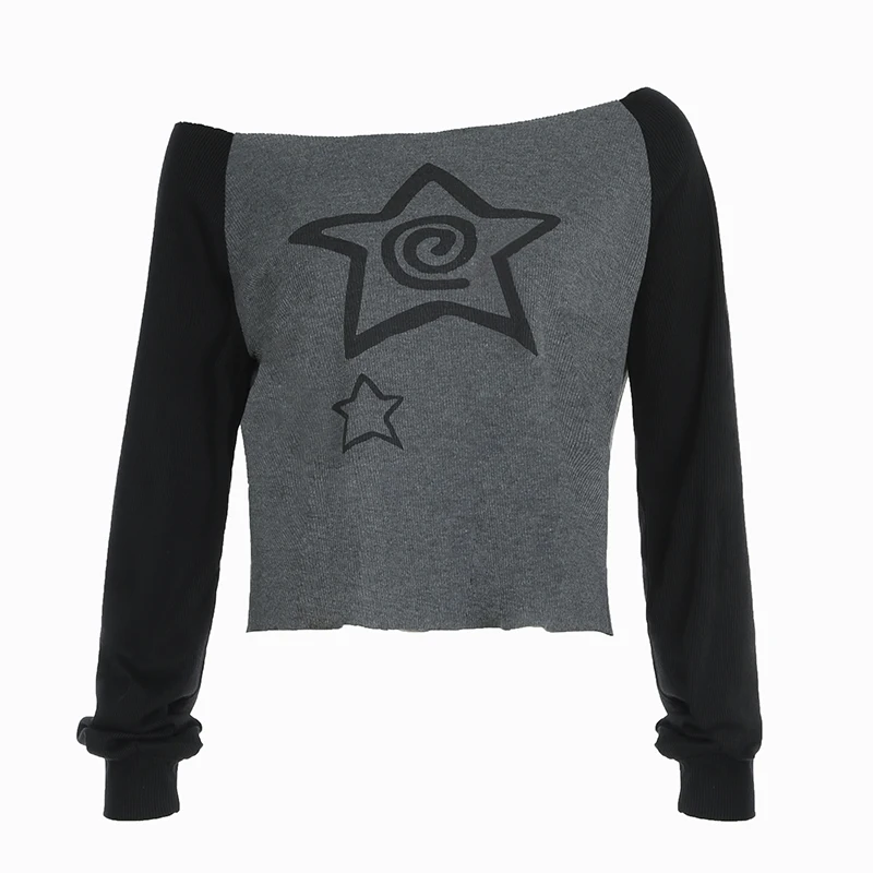 Уличная женская футболка Darlingaga с разрезом на шее и звездой длинным рукавом
