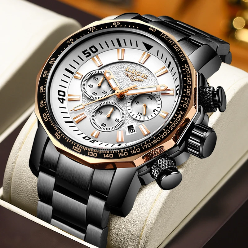 

LIGE Big Dial Mens Watches Sports Chronograph Quartz Wristwatch Top Brand Luxury Full Steel Waterproof Watch Relogio Masculino