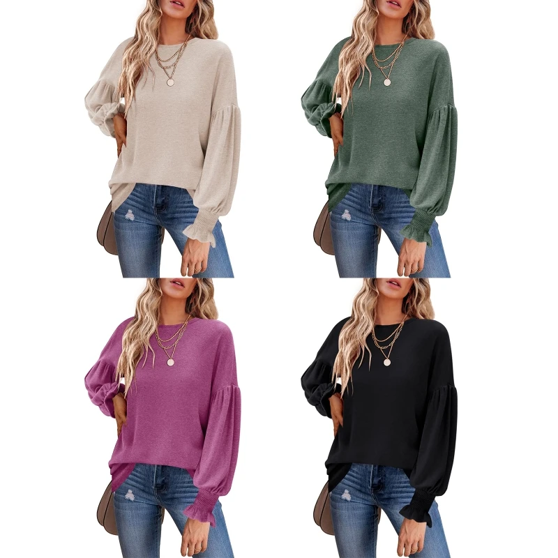 

Women's Ruffle Lantern Sleeves Tops Stylish Crew Neck T Shirts All-matching Long Sleeves Blouse Loose Casual Shirt