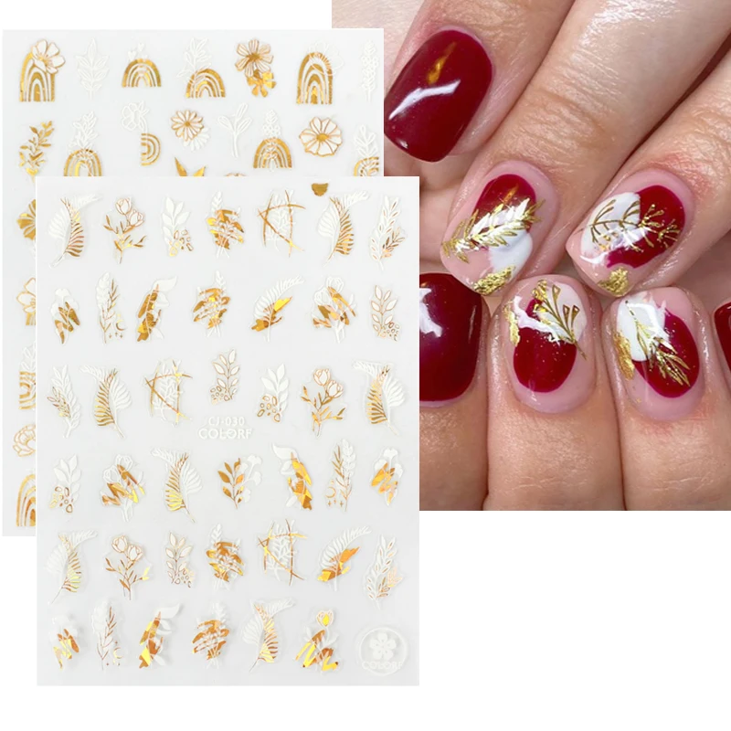 

Gold Flower Leaf Nail Sticker Geometry Line White Bronzing Self Adhesive Nail Decals Fashion Wrap French Nail Art Decoration 1PC