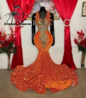 sparkly orange o neck long prom dresses for black girls 2022 sequined birthday party dress feathers evening gown appliques robe