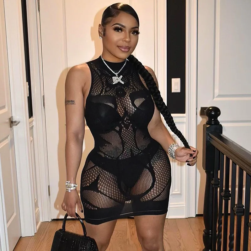 

See Through Mesh Bodycon Dress Fashion Women 2022 New Night Solid Color Sexy Hip Wrap Slim Dresses