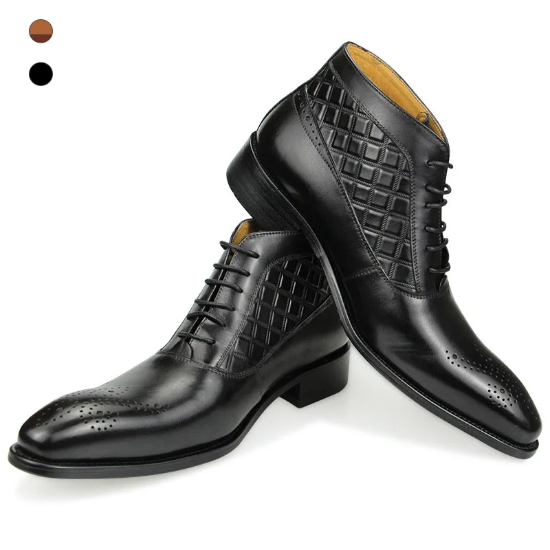 

Winter Genuine Leather Men's Ankle Boots Brown Grid Skin Printing Wedding Lace-up Shoes Bullock Plaid Pointed Toe shoe zapatos