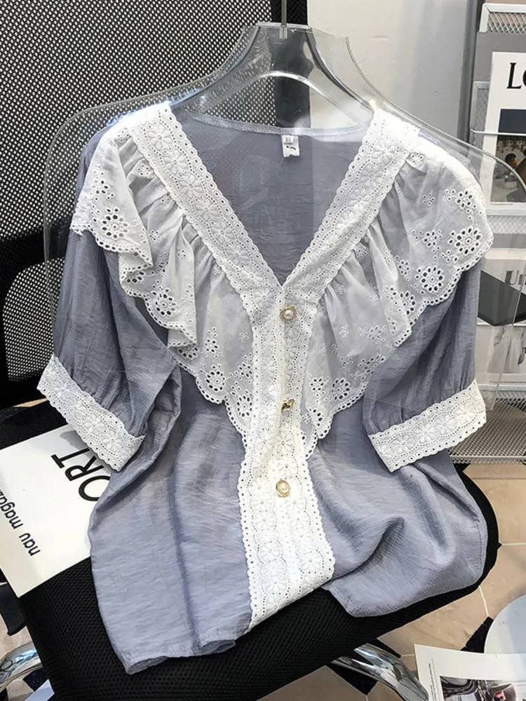 

Oversize XL-4XL Lace Trim Blouses Female 2022 Summer Fashion V-neck Button Shirts Large Korean Loose Short Sleeve Chic Tops