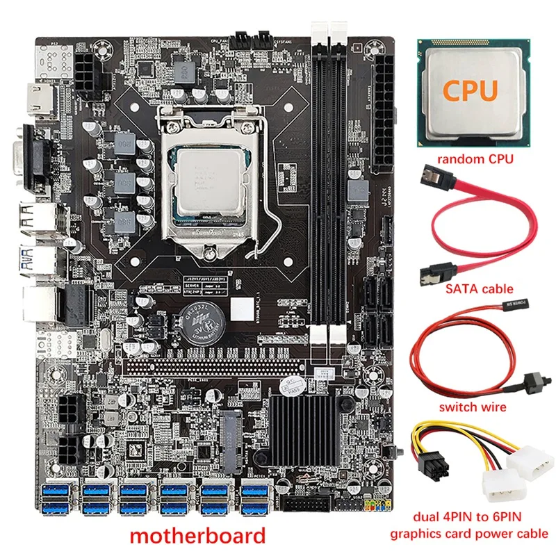 

Материнская плата 12 GPU B75 для майнинга + ЦП + кабель питания + кабель переключателя + кабель SATA 12X USB3.0(PCIE) LGA1155 DDR3 SATA3.0 для BTC/ETH