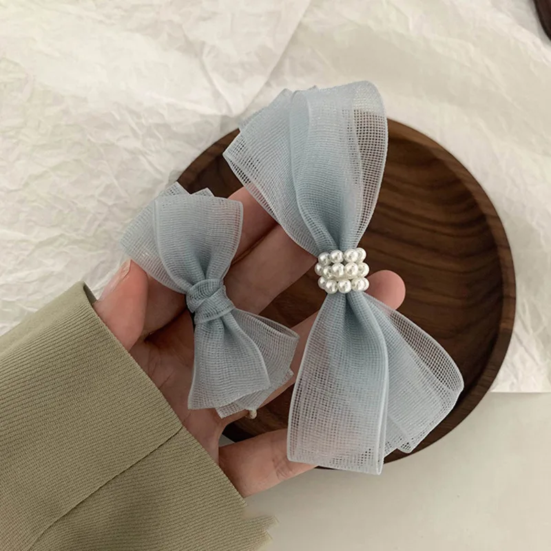 

Sweet Blue Pearl Hair Bows with Hair Clips for Baby Girls Kids Layers Bling Rhinestones Center Bows Hairpins Hair Accessories