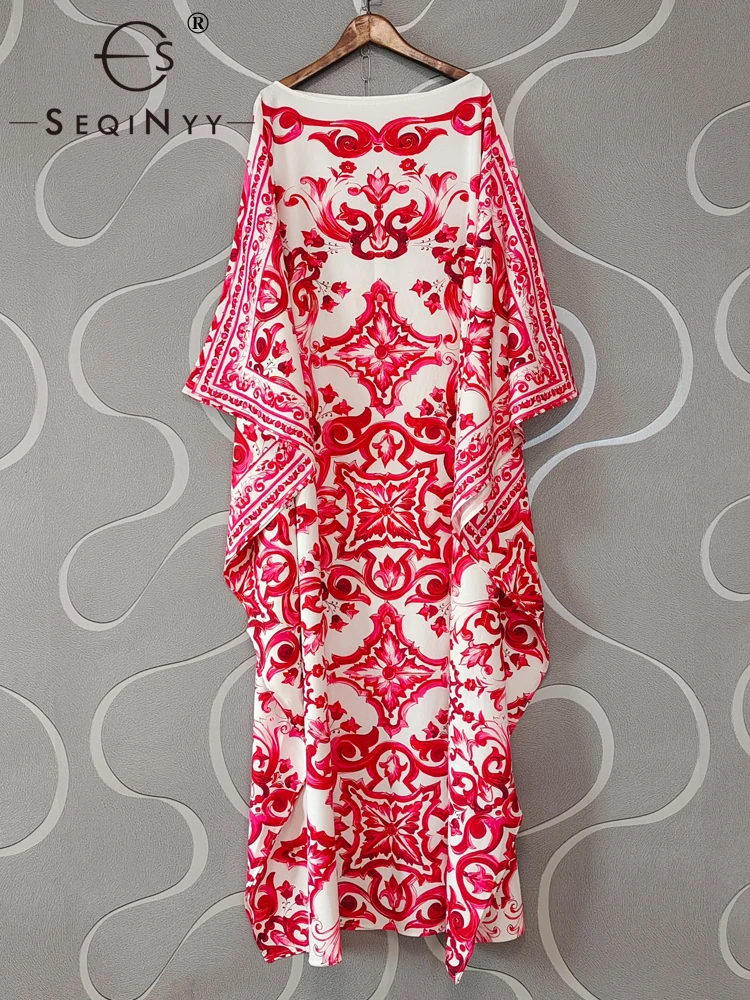 

Женское длинное винтажное платье SEQINYY, элегантное модельное платье с красными расклешенными рукавами и цветочным принтом, весна-лето