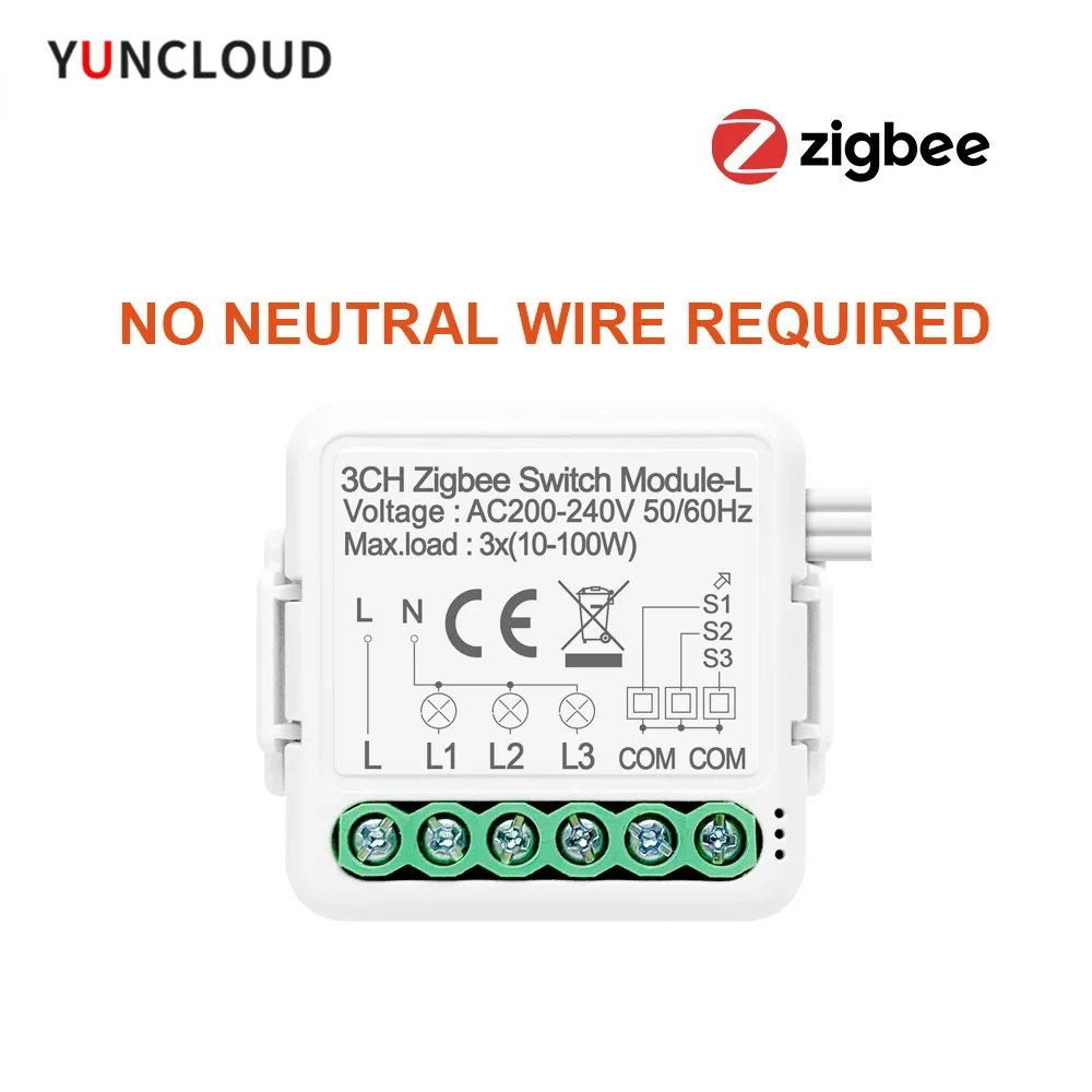 

YUNCLOUD 1/2/3 Gang Tuya Zigbee Light Switch Module No Neutral Wire 2 Way Control DIY Smart Breaker Works with Alexa Google Home