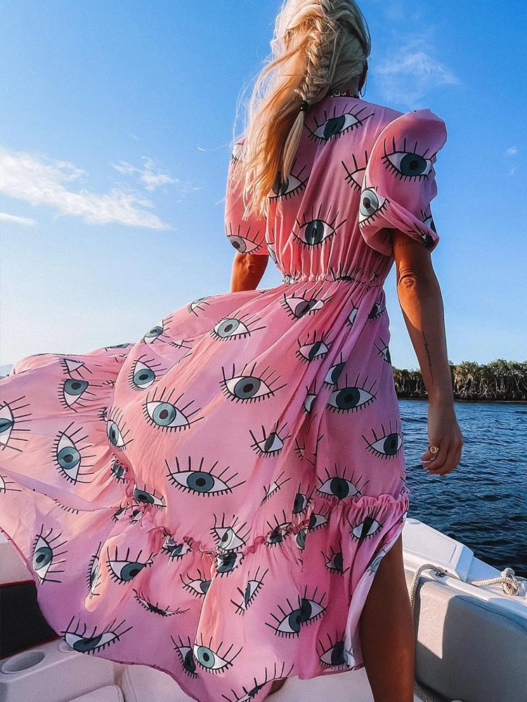 

Wrinkle-free Pink Eyes Chiffon Dresses Sexy Short Sleeve 2023 Summer Beach Dress Women Beach Wear Swim Suit Cover Up D1