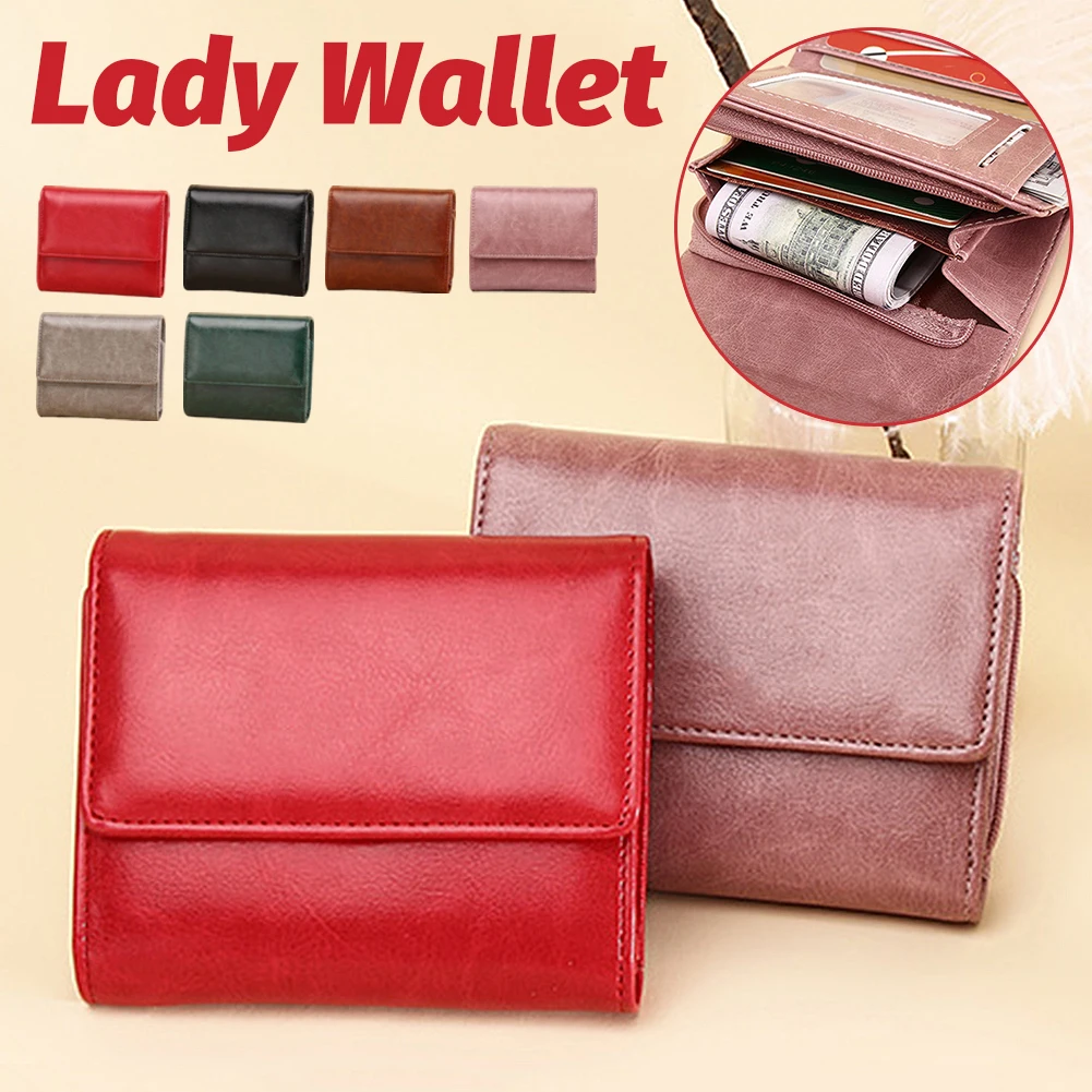 

2022 New Women Oil Wax Cowhide Wallet PU Leather Muitifunctional Portable Fashion Girls Short Zipper Cute Small Coin Purse