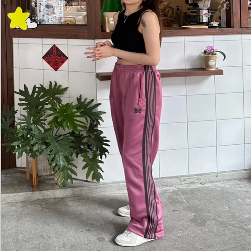 

Темно-розовые полосатые спортивные штаны с боковой лямкой, мужские и женские повседневные свободные вышитые фонарики с бабочкой