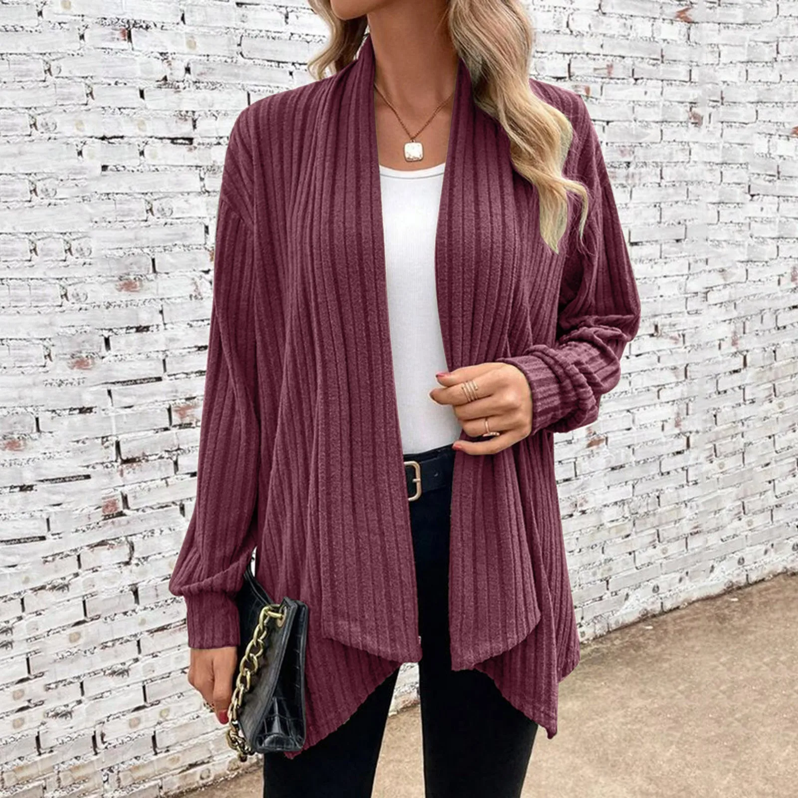

Женский свободный кардиган с длинными рукавами, Повседневный Кардиган из ткани в рубчик, женская одежда на осень и зиму, однотонный вязаный кардиган с воротником-шарфом