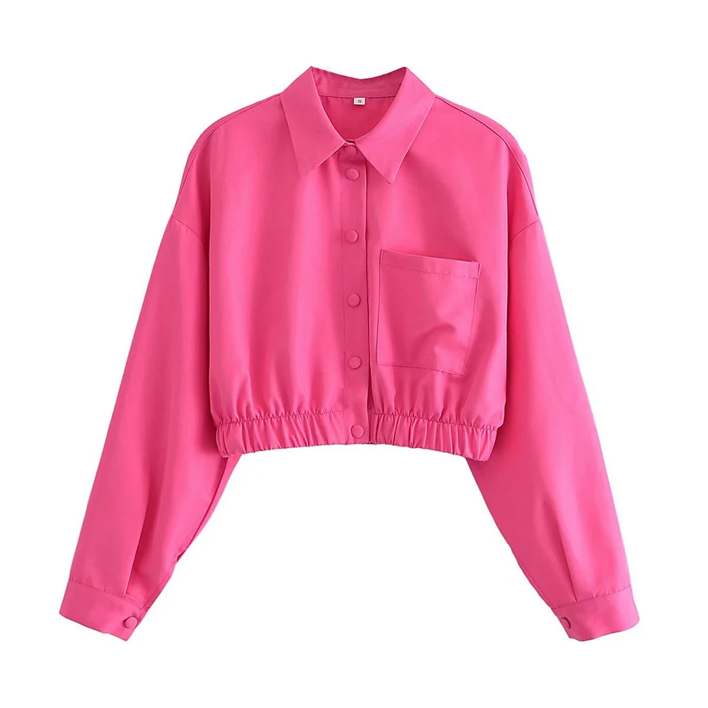 

2022 summer new single-breasted lapel pockets with cuff buttons and rose red cropped waist women's tops