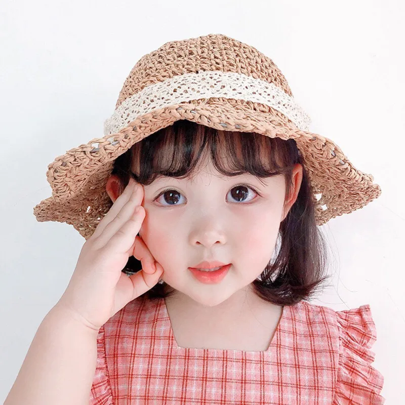 

Summer Children's Straw Baby Girls Breathable Lace Cap Bow Beach Sun Hat Wide Brim Kids Princess Travel Sunshade Collapsible