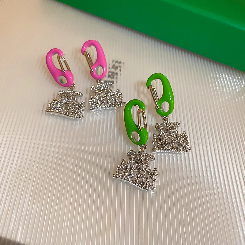 

Minar Vintage Neon Green Pink Color Enamel Paperclip Drop Earring for Women Bling Rhinestones Chinese Letter Earring Oorbellen