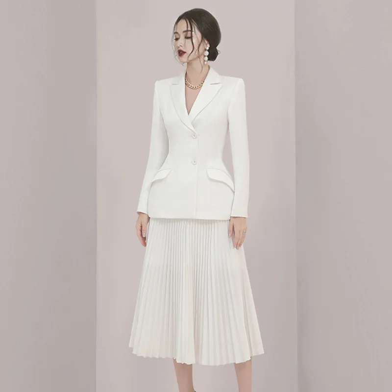 2022 Autumn White Luxury High Waist Pleated Skirt Two-piece Set