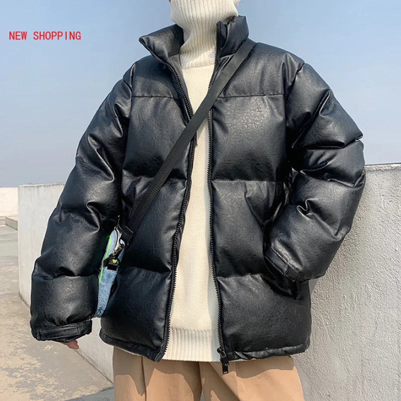 High-Quality Warm PU Leather Oversize Paka New 2022 Autumn Winter Men Jackets Loose Puffer Parkas Short Coat Man Overcoat Black