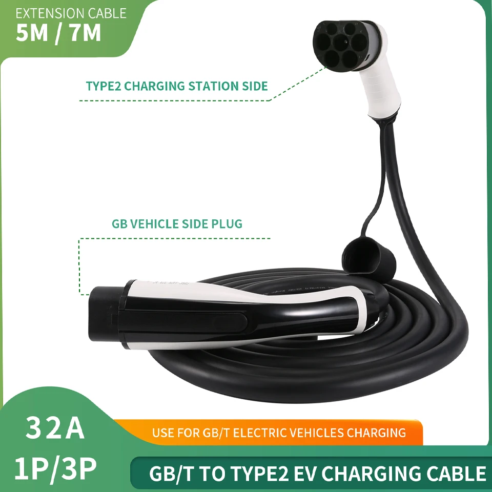 

GBT to Type 2 EV Charging Cable Electric Vehicle Cord Charger 32A 22KW Three Phase 5M Cable Suitable China Cars Charging EVSE