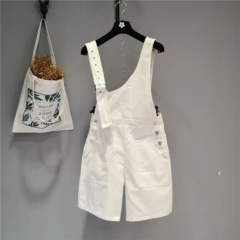 Women Summer Preppy Style Irregular White Denim Jeans Suspenders Students Casual Playsuit Short Jumpsuit