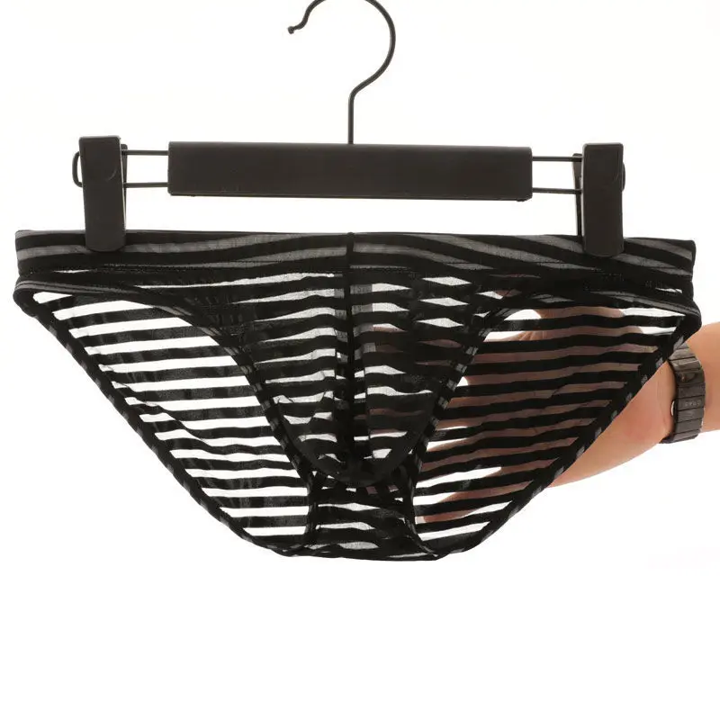 

Сексуальные сетчатые прозрачные полосатые мужские трусы с заниженной талией, выпуклые, большие размеры, быстросохнущее дышащее нижнее бел...