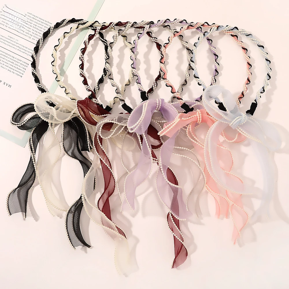 

Lace Solid Color Ribbon Women Headband Fringe Headband Pearl Hair Ties Twist Hairband Scarf Hair Accessories