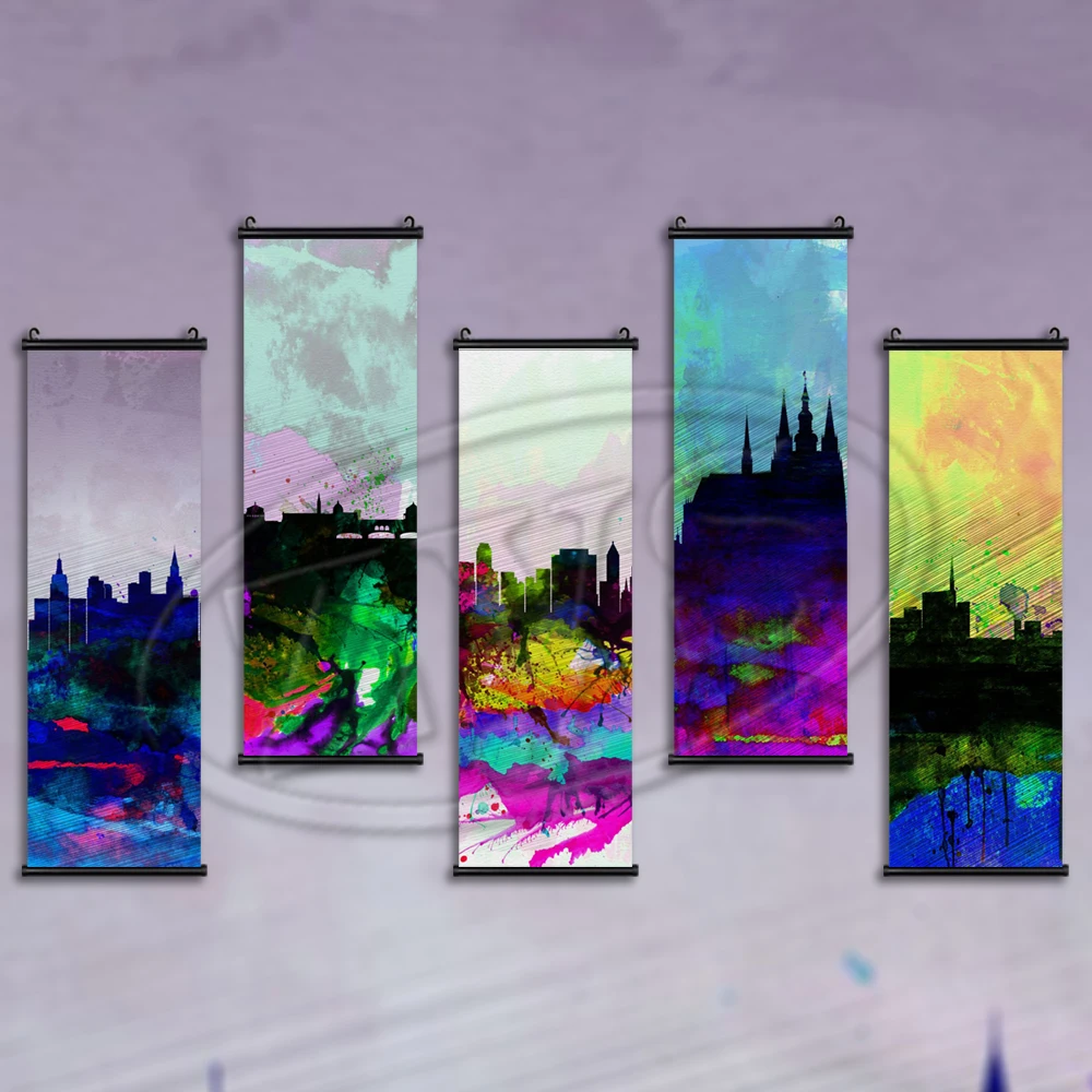 

Hanging Aesthetic Skyline Painting Wall Art Abstract Poster Scroll Buildings HD Print Colorful Picture Home Decor For Bedroom