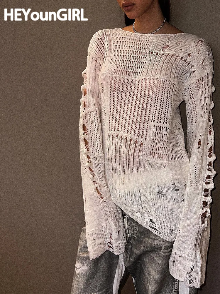 

HEYounGIRL, рваные женские длинные пуловеры, вязаные Свободные повседневные полые стильные женские футболки с вырезами в стиле Харадзюку, уличн...