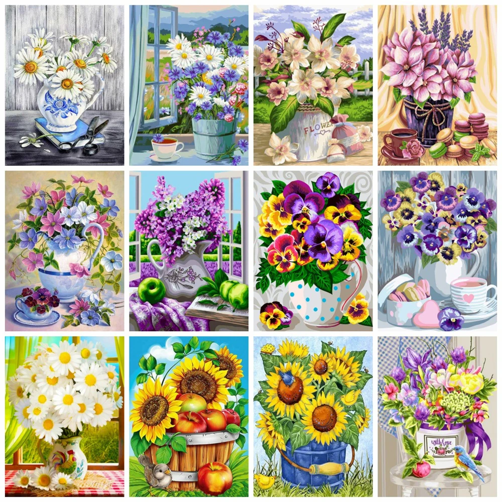 

Huacan Diamond Painting Kit Flower Daisy Vase 5d Diy Embroidery Sunflower Lilac Mosaic Cross Stitch Home Decor