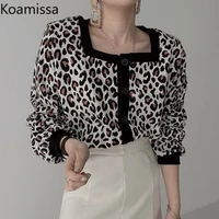 koamissa vintage leopard polka dot sweaters cardigans for women square collar knitted coat elegant buttons puff sleeve knitwear