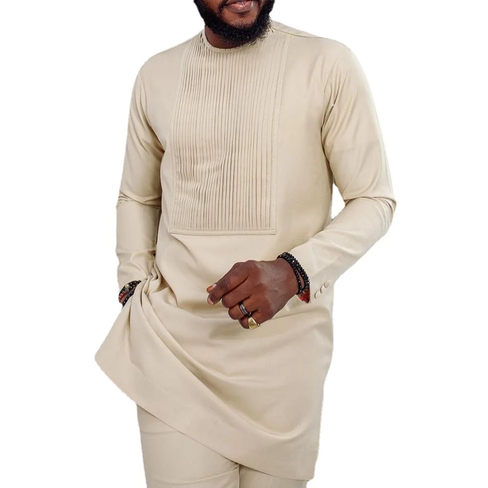 Muslim Shirt Men 2022 Fit Arab Youth Splicing Round Neck Solid Color Casual Shirt Male Long Sleeve Arabic Shirt