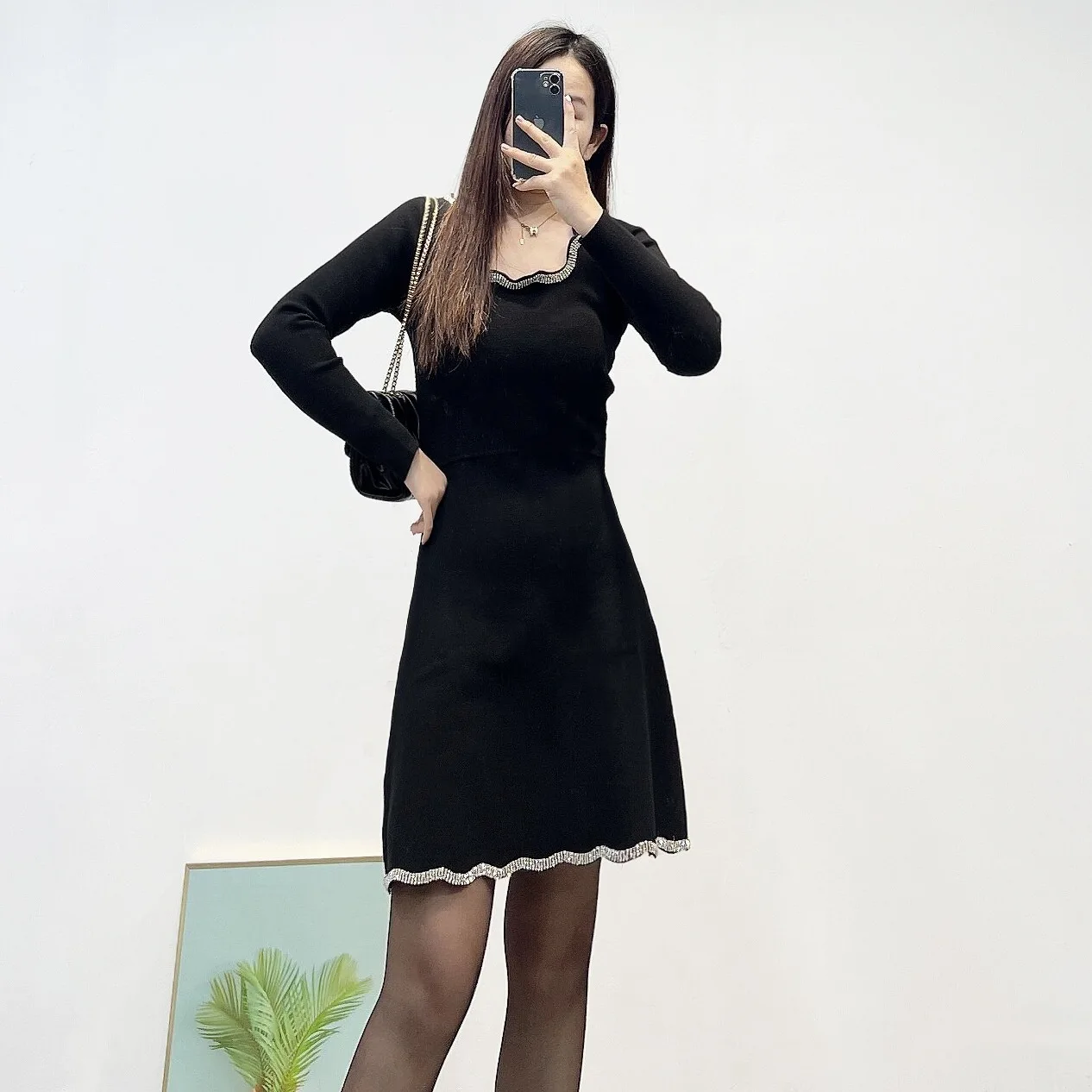 

Элегантное модное женское платье с цепочкой со стразами, облегающее платье с длинным рукавом и квадратным вырезом, женское бальное платье, зимние платья