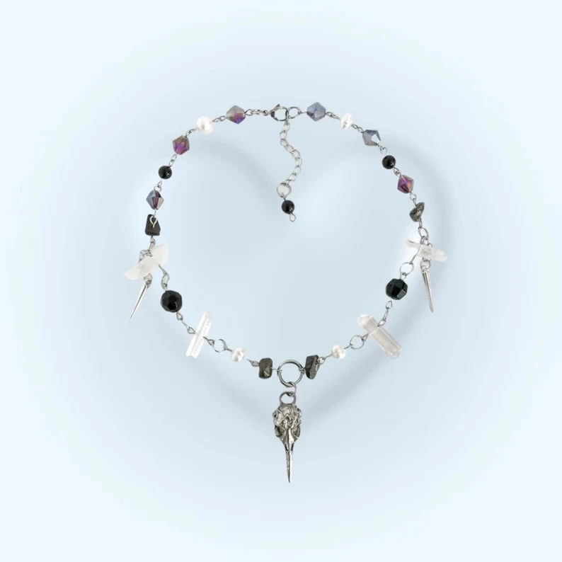 

quartz skull pendant necklace Gothic Beaded Silver Rosary statement women necklace