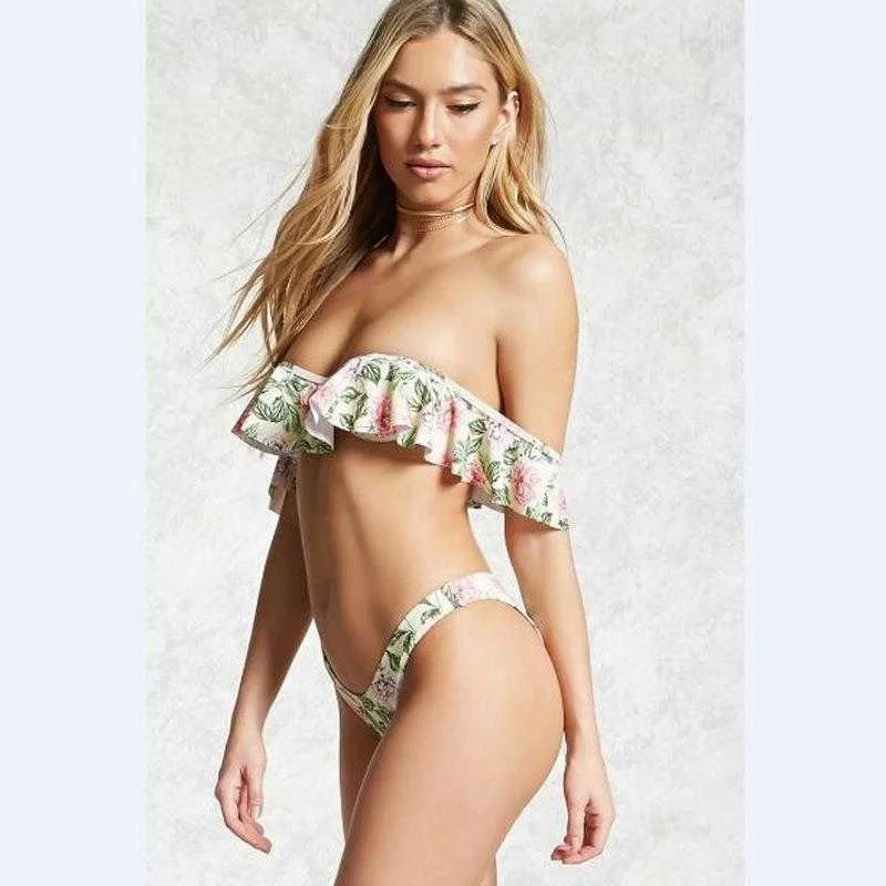 

Hard Wrapped Bikini Underwire Off Shoulder Ruffled Printed Sexy Low Waist