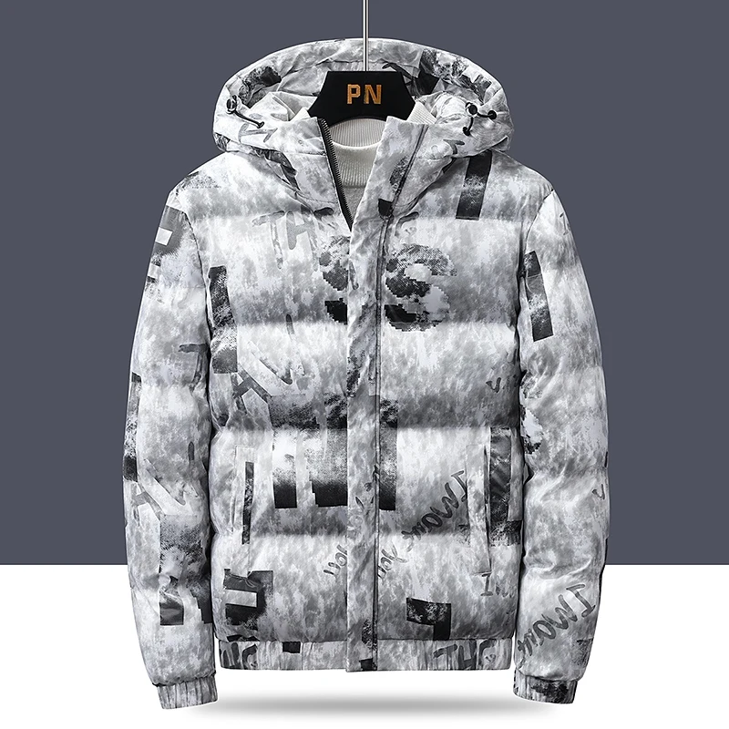 2022 New Shiny Cotton-padded Men's Graffiti Cotton-padded Men's Bread Clothes Fashion All-match Parka Coat Jacket Jacket Men