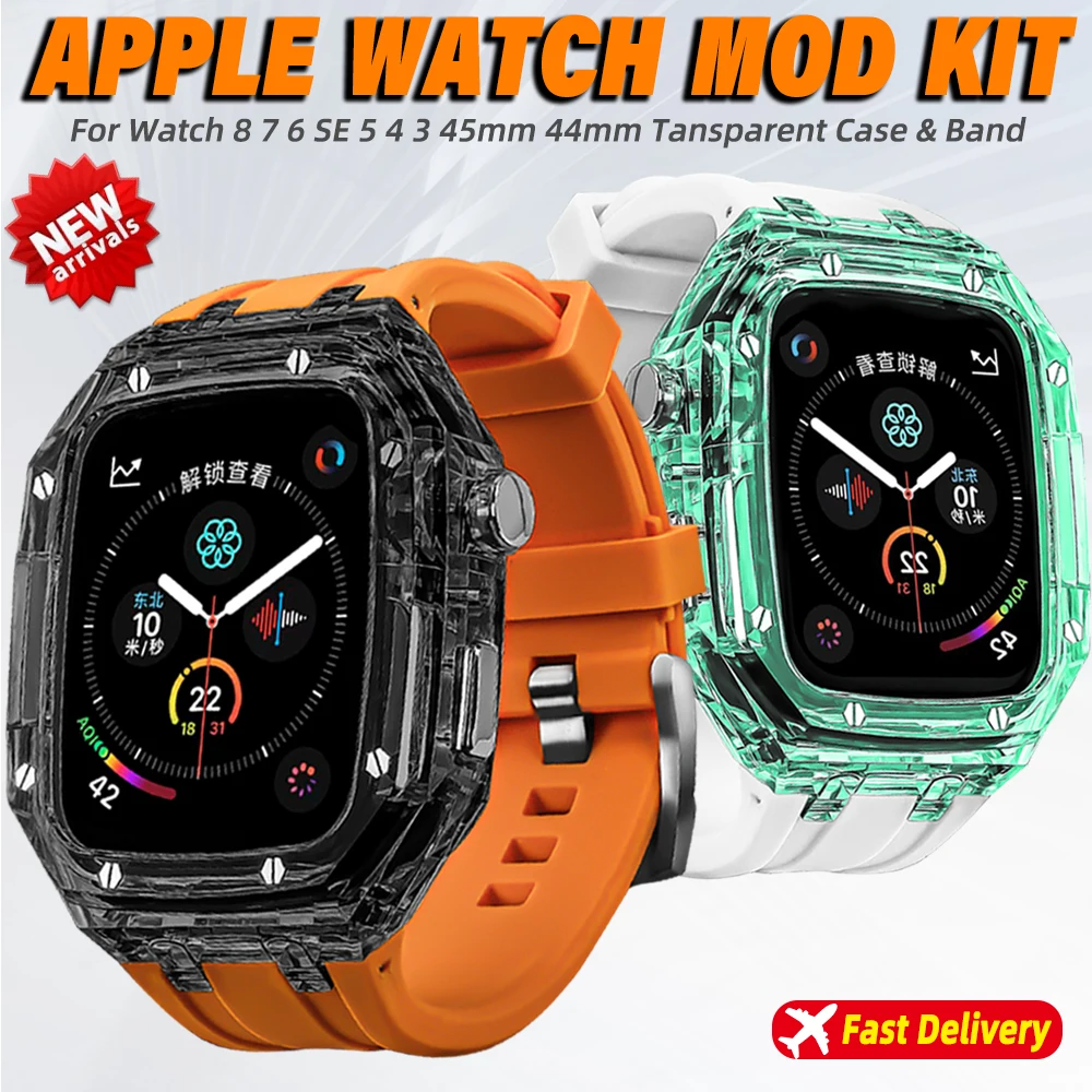 Luxury Transparent Plastic Mod AP Case Modification Kit Silicone Band For Apple Watch 8 7 6 5 4 SE Rubber Sports Strap 44mm 45mm