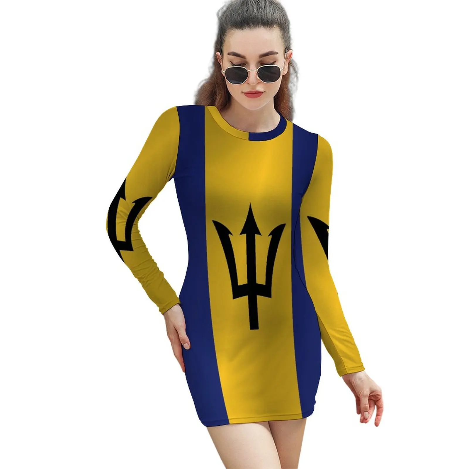 

Barbados Flag Long-sleeved Sheath Dress Vintage Exotic Woman's Dress Funny Novelty Vacations Long-sleeved Dress