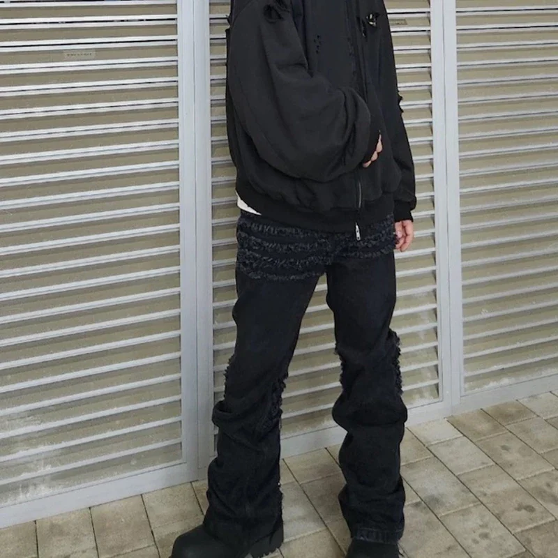Уличные потертые черные расклешенные джинсовые брюки с бахромой для мужчин