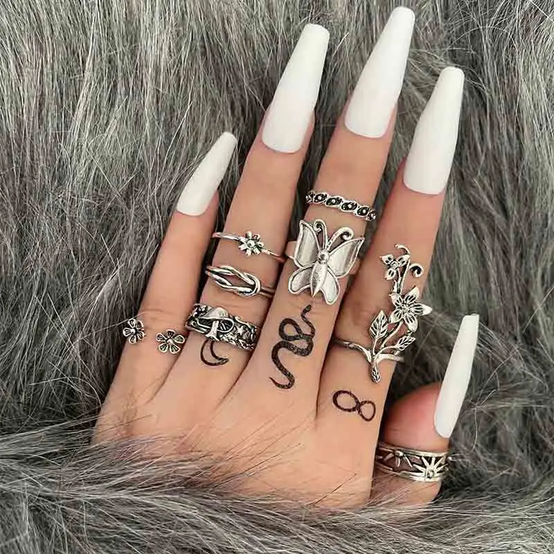 

8PCS Vintage Hollow Sun Butterfly Flower Ring Set For Women Metal Silver Color Geometric Spiral Shape Finger Ring Trendy Jewelry